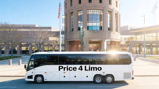 Price 4 Limo corporate transportation coach parked outside a modern office building